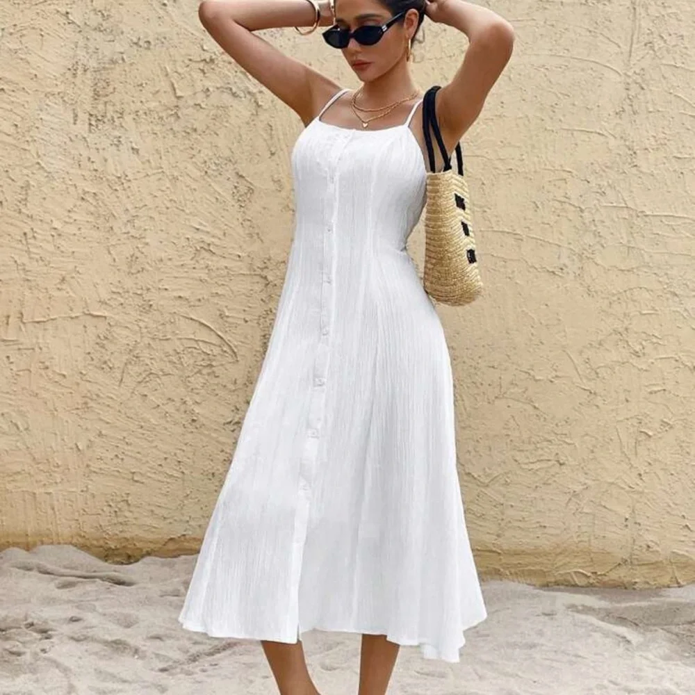 Textured button down front cami midi dress bohemian white prairie dress - Picture 5 of 6